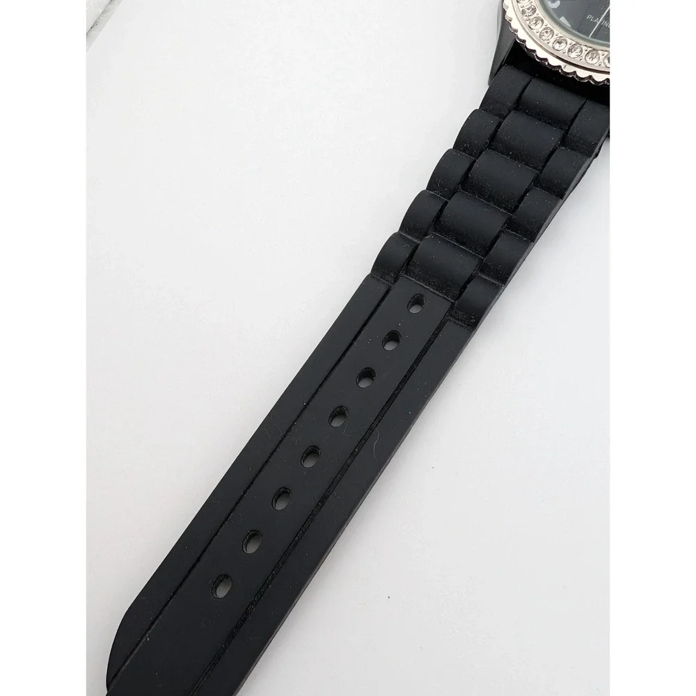 Geneva Women's Watch 38mm Case Rhinestone Bezel Black Silicone Band- New Battery
